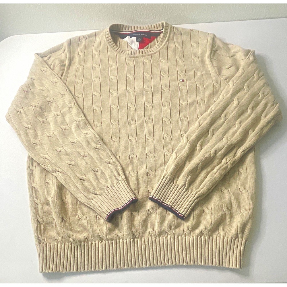 Tommy Hilfiger Men's Beige Cable-Knit Crew Neck Pullover Sweater XL
